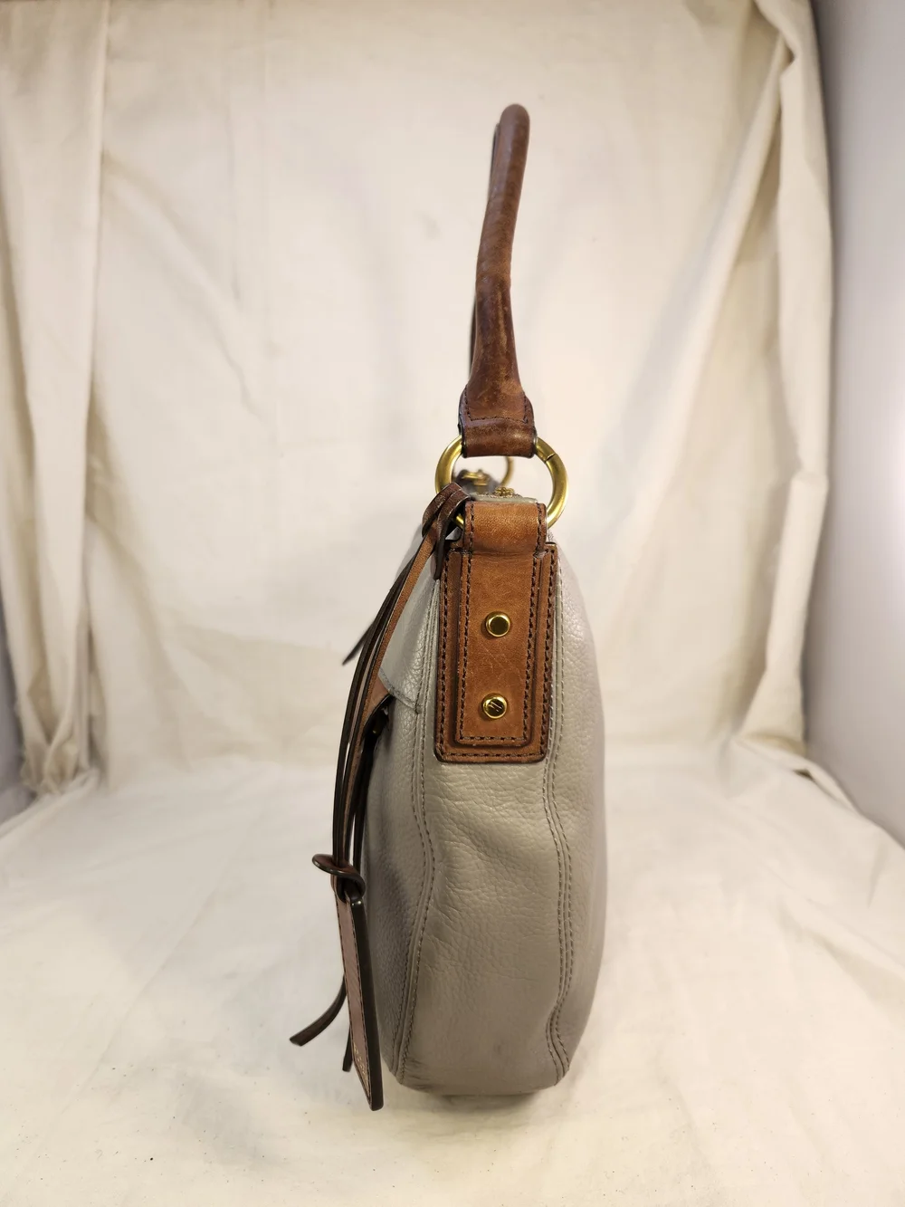 FOSSIL PEBBLED LEATHER GRAY BROWN HAND SHOULDER BAG PURSE EUC